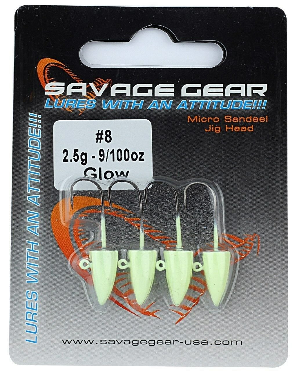 SAVAGE GEAR 2.5G GLOW #8 US-SG LRF MICRO SANDEEL JIG HEAD 4PCS 55800